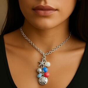 Silver Statement Necklace – Colorful Cluster Charms Pendant, Women’s Fashion